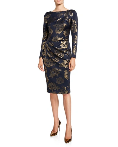 Jovani High-neck Long-sleeve Novelty Fabric Shirred Short Dress In Navy/gold