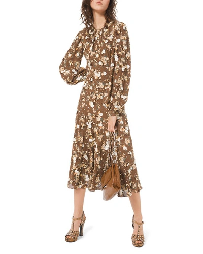 Michael Kors Floral-embroidered Blouson Sleeve Midi Dress In Brown Pattern