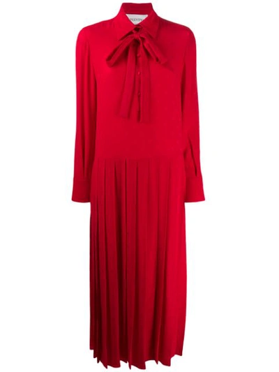 Valentino Logo-print Tie-neck Pleated Silk Dress In Red