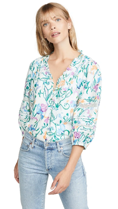Tanya Taylor Goa Floral Pintuck Detail Cotton Blouse In Scrolly Floral White