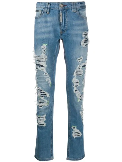 Philipp Plein Super Straight Cut Destroyed Jeans In Blue