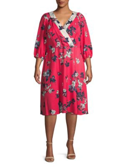 Adrianna Papell Plus Floral Three-quarter Sleeve Dress In Red