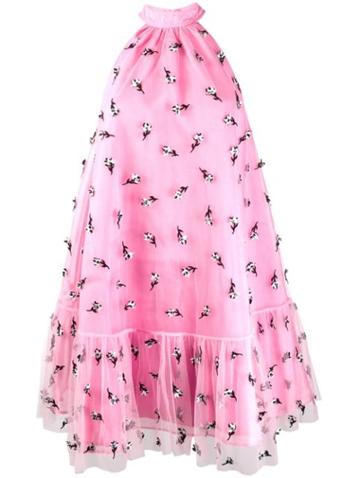 Ganni Embellished Mesh Mockneck Dress In Pink