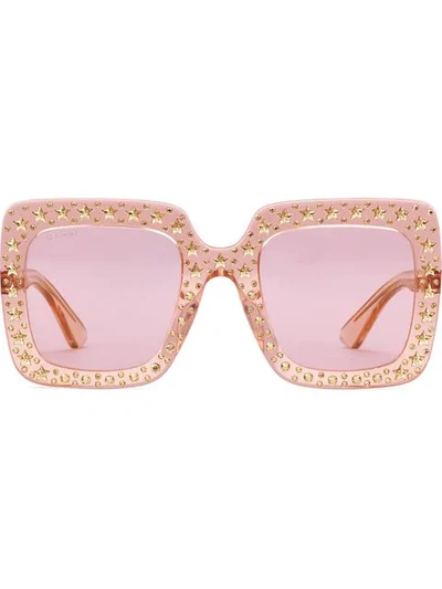Gucci Oversized Square Transparent Sunglasses W/ Crystal Star Embellishments In Pink