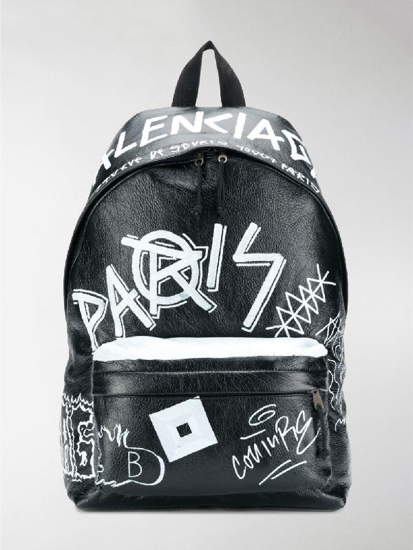 Balenciaga Explorer Graffiti Print Leather Backpack In Black Modesens