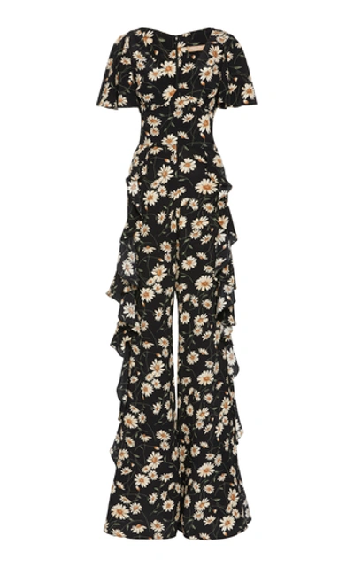 Michael Kors Belted Ruffled Floral-print Silk Crepe De Chine Jumpsuit In Blk-ivry