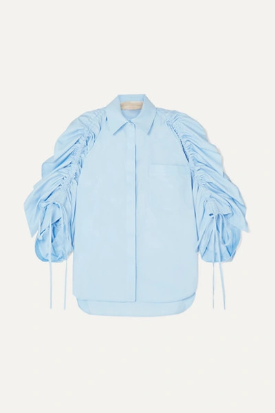 Antonio Berardi Ruched Cotton-poplin Shirt In Blue