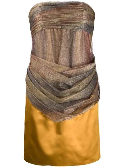 Pre-owned Chanel Metallic-threading Strapless Silk Dress In Yellow