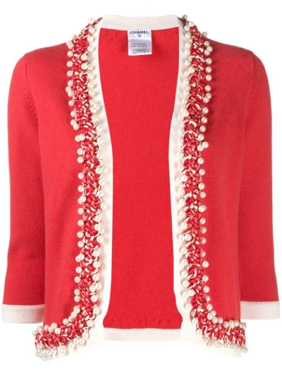 Pre-owned Chanel 2010s Faux-pearls Braided Trimming Cardigan In Red