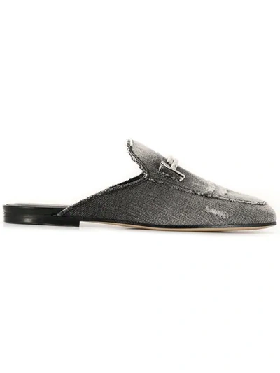 Tod's Denim Logo Mules In Black,grey