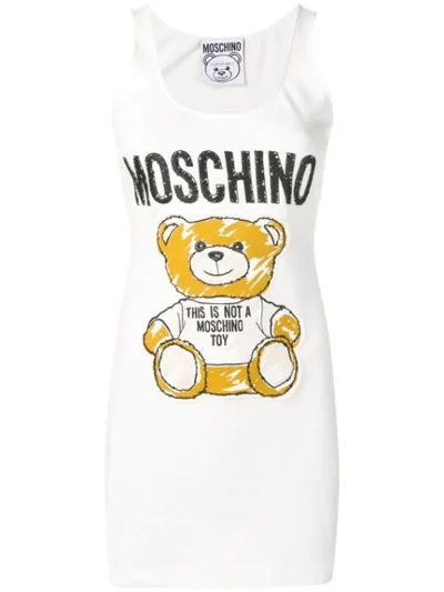 Moschino Teddy-appliqué Cotton-blend Sleeveless Mini Dress In White