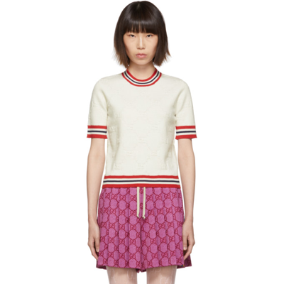 Gucci Gg Web-stripe Wool-blend Short-sleeved Sweater In Ivory/ Red