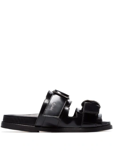 Ganni Double-strap Patent-leather Slides In Black