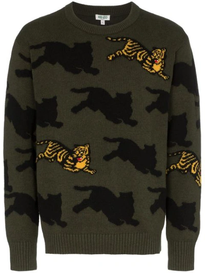 Kenzo Jumping Tiger Patterned Sweater In Green