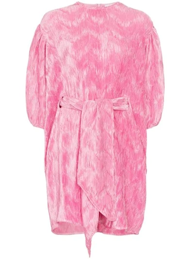 Ganni Belted Plissé-satin Mini Dress In Pink