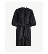 Ganni Puffed-sleeve Pleated Satin Mini Dress In Black