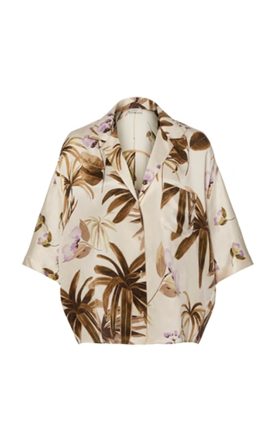 Vince Mixed Tropical Garden Button-front Satin Pj Shirt In Pale Alder