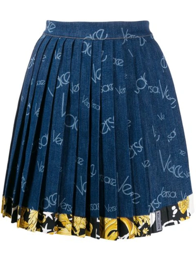 Versace 80s Logo Printed Cotton Denim Skirt In A8006