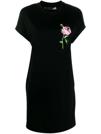 Love Moschino Embroidered Flower T-shirt Dress In Black