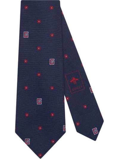 Gucci Horse, Flower And Square G Silk Tie In Blue