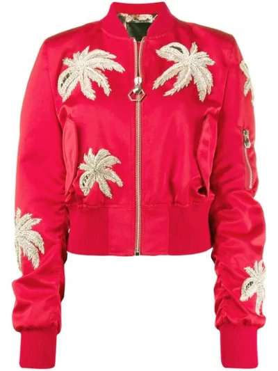 Philipp Plein Crystal Embellished Bomber Jacket In Red