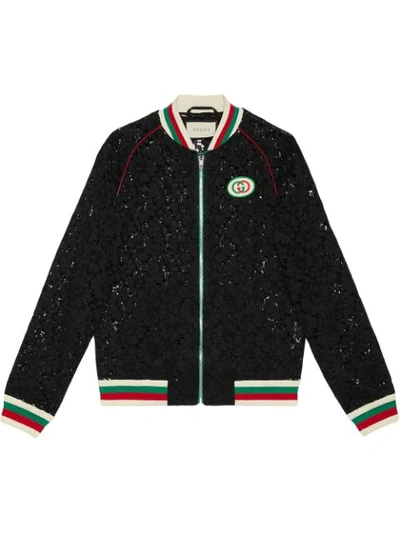 Gucci Interlocking-g Patch Lace Bomber Jacket In Black