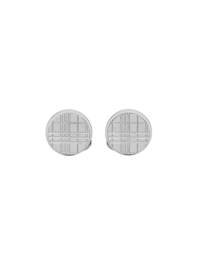 Burberry Palladium-plated Check-engraved Round Cufflinks In Silver