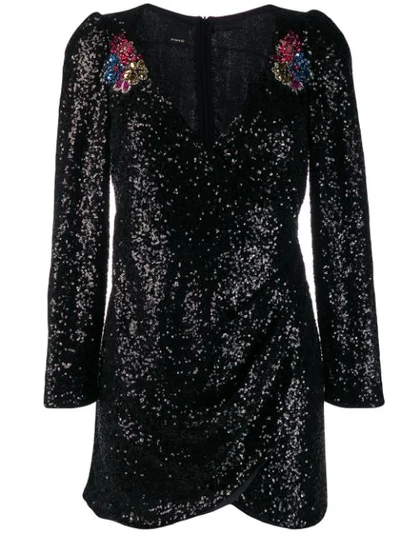 Pinko Long-sleeve Sequined Short Cocktail Dress In Black