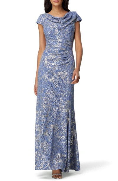 Tahari Cowl Neck Metallic Lace Gown In Periwinkle | ModeSens