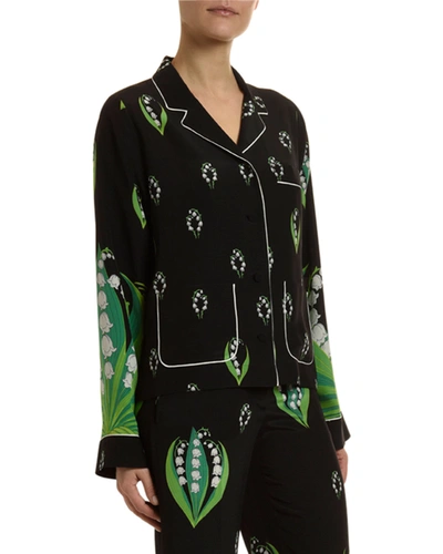 Valentino Lily Crepe De Chine Pajama Blouse In Black/green