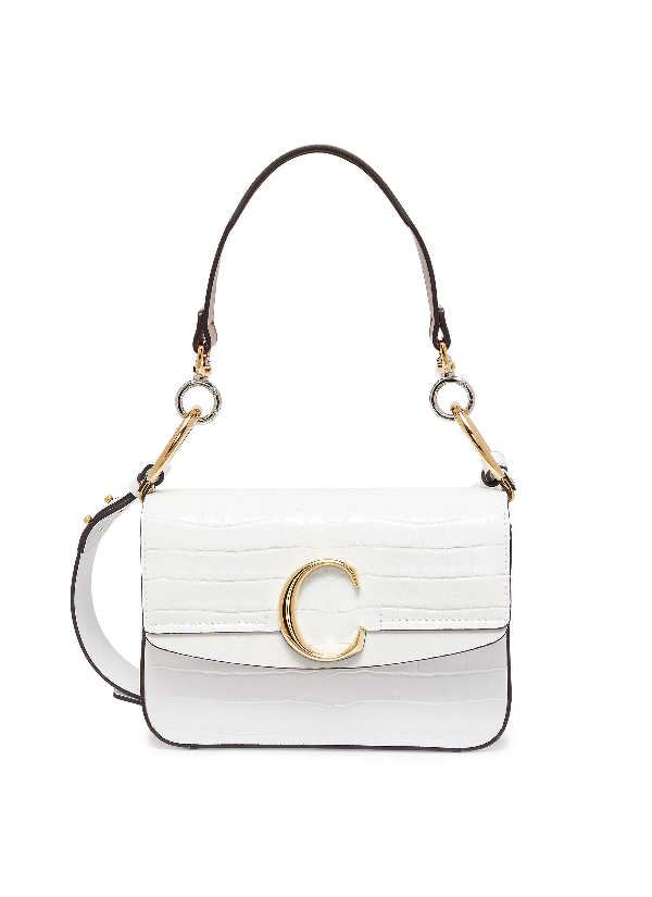 Chloé ' C' Small Croc Embossed Leather Double Carry Bag In Brilliant White / Crocembossed
