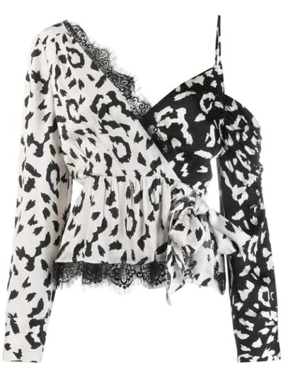Self-portrait Lace-trimmed Leopard-print Satin-jacquard Blouse In White,black