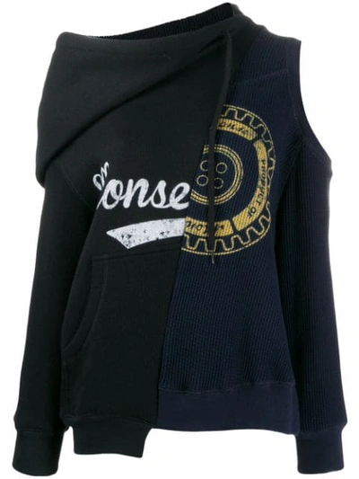 Monse Colourblock Logo Print Asymmetric Staggered Cold Shoulder Hoodie In Black