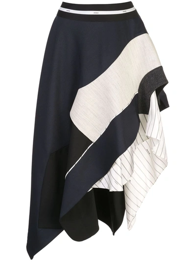 Monse Pinstripe Panel Tiered Asymmetric Patchwork Wool Skirt In Navy Black