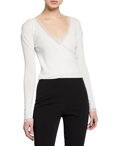 Jonathan Simkhai Knit Long-sleeve Wrap Top With Lace In White