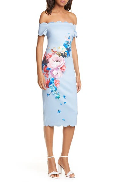 Ted Baker Raspberry Ripple Bardot Floral Off-the-shoulder Short-sleeve Scallop Dress In Light Blue