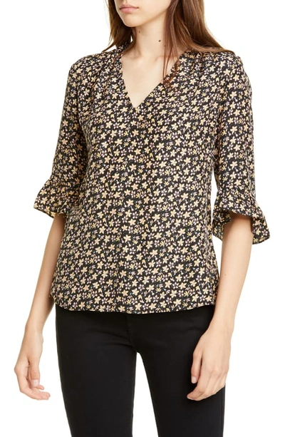 Rebecca Taylor Louisa Floral-print 3/4-sleeve Top In Yellow