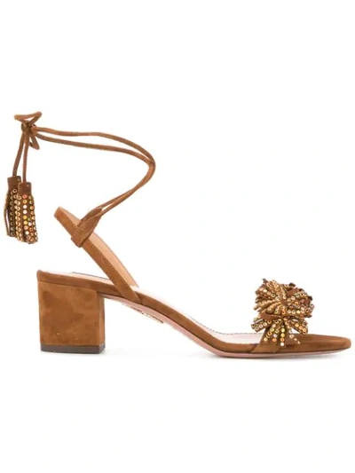 Aquazzura 'wild Crystal' Strass Fringe Tassel Tie Leather Sandals In Brown