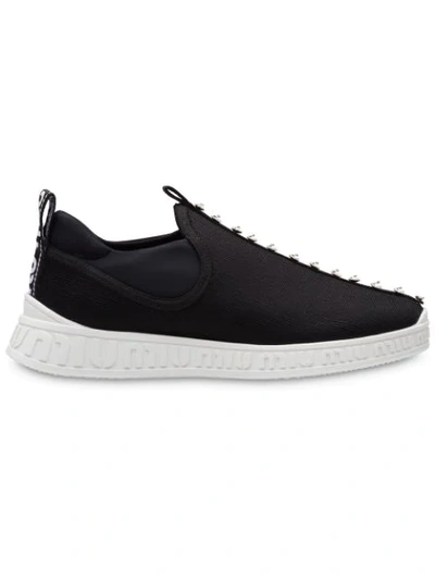 Miu Miu Crystal Stretch Knit Miu Run Trainers In Black,white