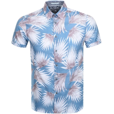 Ted Baker Slim Fit Palm Print Short Sleeve Button-up Shirt In Blue