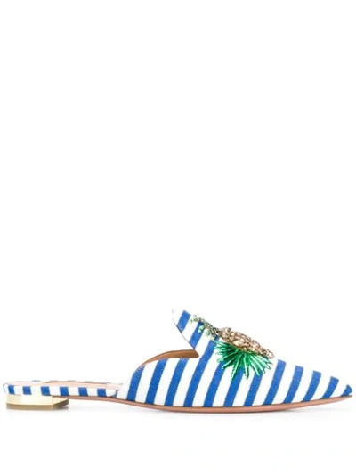 Aquazzura Pineapple Crystal-embellished Striped Mules In Blue