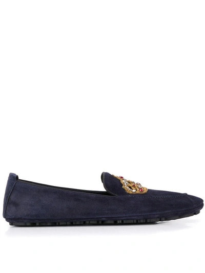 Dolce & Gabbana Calfskin Slippers With Crown Embroidery In Navy