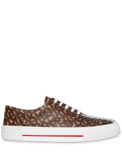 Burberry Monogram Stripe Print E-canvas Sneakers In Brown