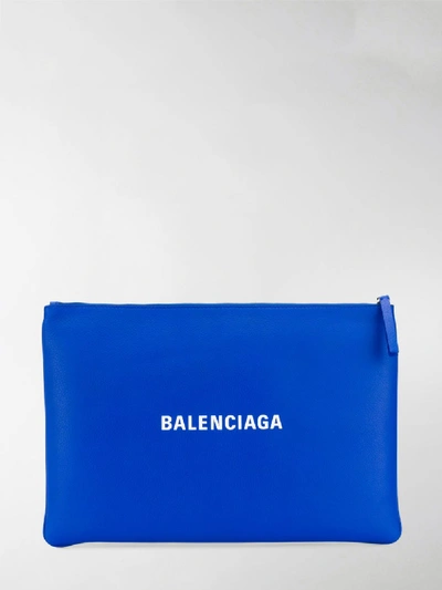 Balenciaga 'everyday' Logo Print Medium Leather Pouch In Blue