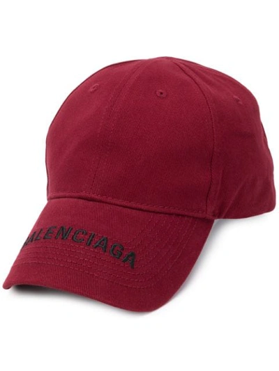 Balenciaga Logo Embroidered Gabardine Hat In Dark Red