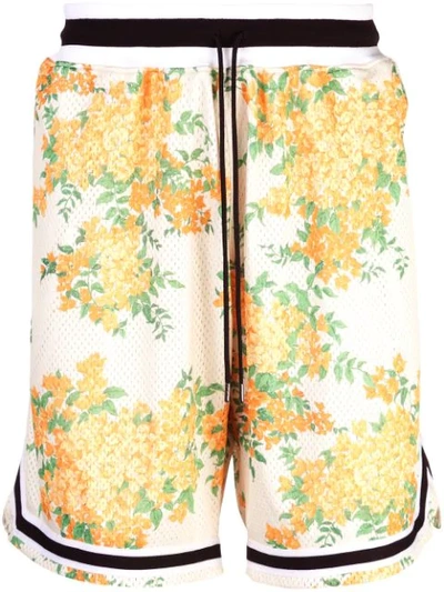 John Elliott Webbing-trimmed Floral-print Mesh Drawstring Shorts In Ivory Bougainvillea