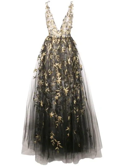 Oscar De La Renta Golden Floral-embroidered Tulle Illusion Gown In Black Gold