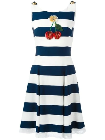 Dolce & Gabbana Cherry-embellished Striped Cady Dress In White/blue