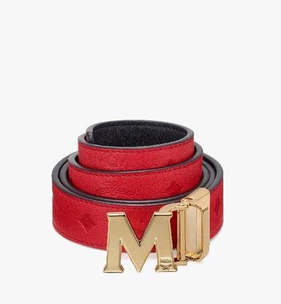 Mcm Claus Flat M Reversible Belt 1" In Monogram Leather In Viva Red