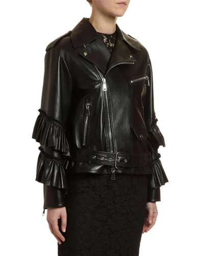 Valentino Leather Tiered Ruffle-cuff Biker Jacket In Black